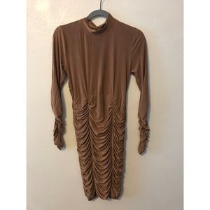 Tan rouched mock neck dress